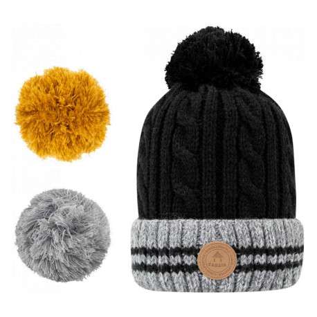 Bonnet noir à revers gris avec bandes et pompons interchangeables - Image 3