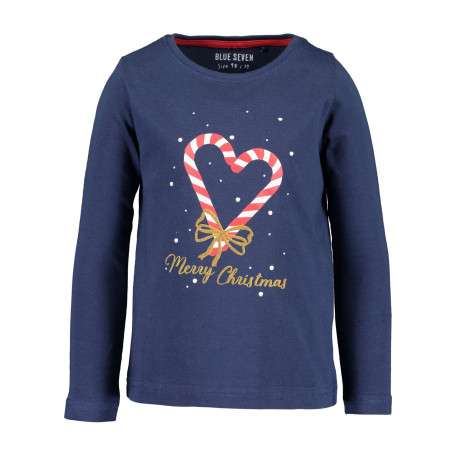 T-shirt manches longues marine en coton fantaisie coupe droite col rond