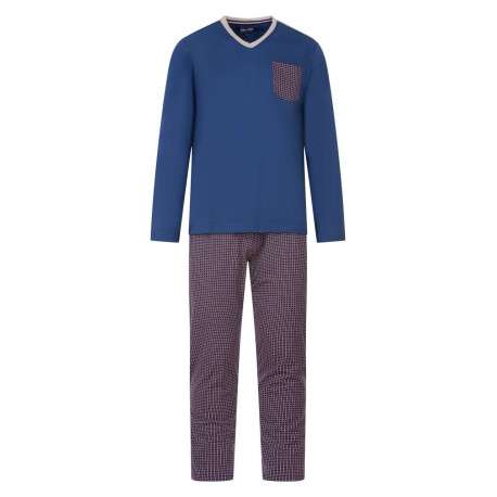 Pyjama long bleu imprimé en coton col v