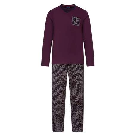 Pyjama long bordeaux imprimé en coton col v
