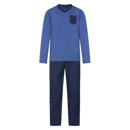 Pyjama long bleu imprimé en coton col v