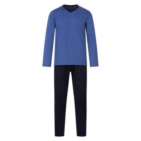 Pyjama long bleu imprimé en coton col v