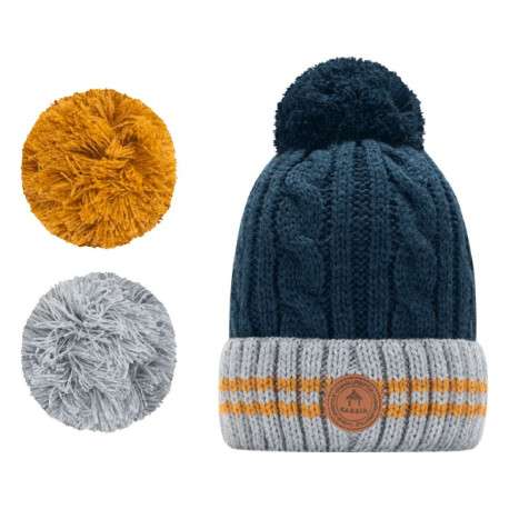 Bonnet marine à revers gris et jaune et à pompons interchangeables