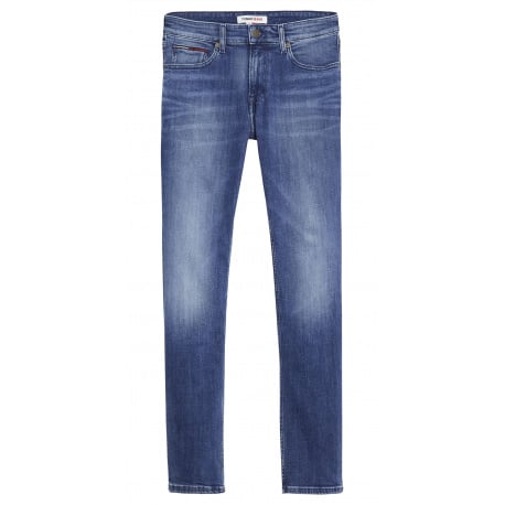 Jean bleu délavé à coupe droite et fermeture zippée boutonnée