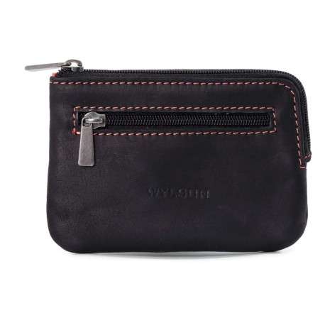 Porte-monnaie marron en cuir uni à fermeture zippée et logo embossé