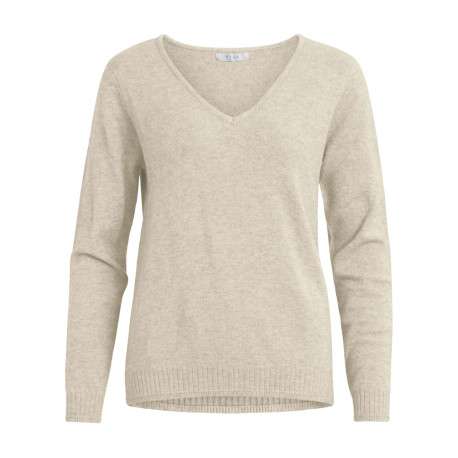 Pull écru uni avec une coupe droite un col V et des manches longues