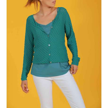 Gilet en maille ajourée pour femme pétrole coupe évasée HALO - Image 5