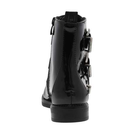 Bottillons fourrés noirs vernis à talon bas, grosses boucles métallisées et zip - Image 3