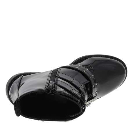 Bottillons fourrés noirs vernis à talon bas, grosses boucles métallisées et zip - Image 5