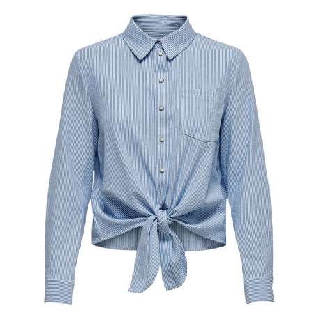 Chemisier bleu à fines rayures col chemise et nœud à la taille