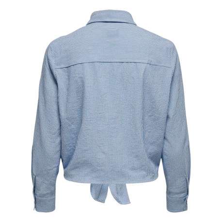 Chemisier bleu à fines rayures col chemise et nœud à la taille - Image 2