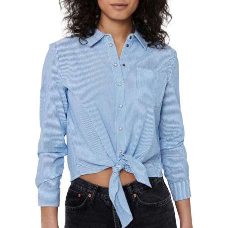 Chemisier bleu à fines rayures col chemise et nœud à la taille - Image 3