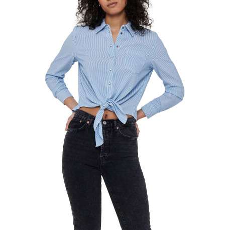 Chemisier bleu à fines rayures col chemise et nœud à la taille - Image 5