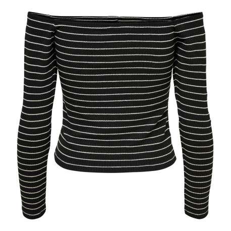T-shirt noir à rayures col bateau et manches longues avec boutons - Image 2