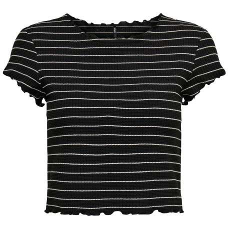 T-shirt noir style marinière coupe crop top col rond et aspect gaufré