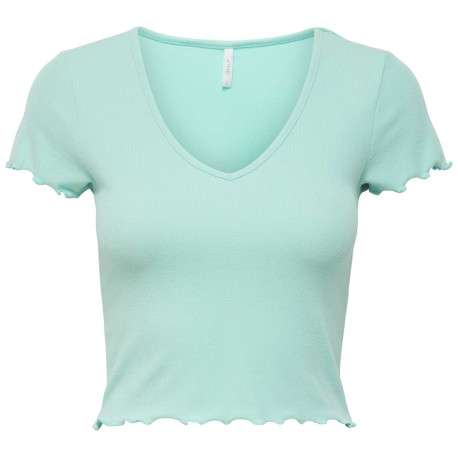 T-shirt turquoise uni col v à manches courtes et à froufrous