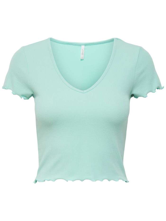 T-shirt turquoise uni col v...