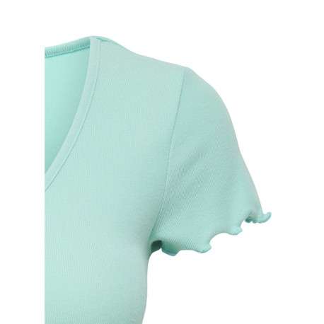 T-shirt turquoise uni col v à manches courtes et à froufrous - Image 3