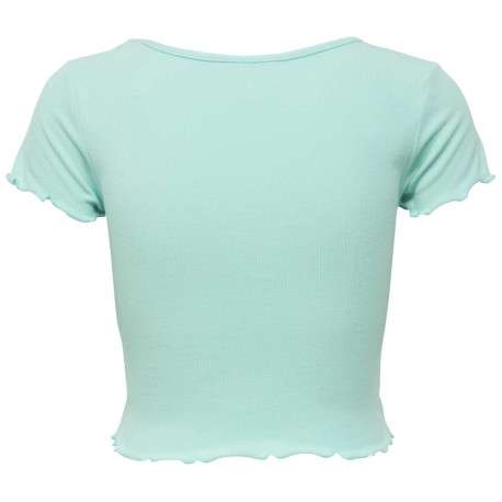 T-shirt turquoise uni col v à manches courtes et à froufrous - Image 2
