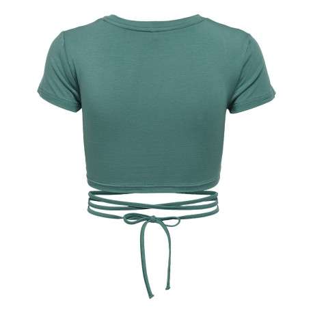 T-shirt vert uni col rond crop top à manches courtes avec lien à la taille - Image 2