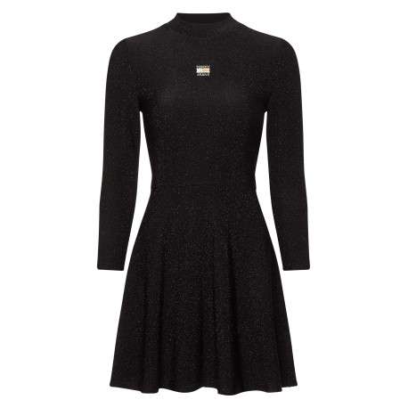 Robe patineuse noire pailleté coupe courte à col montant et manches longues - Image 2