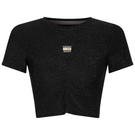 T-shirt noir pailleté coupe cropped à col rond, manches courtes et floqué à la poitrine