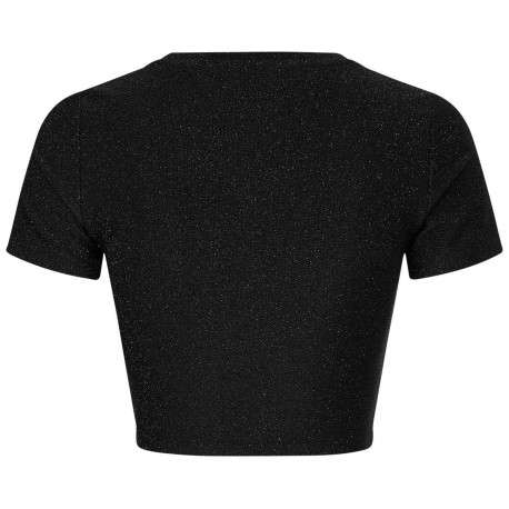 T-shirt noir pailleté coupe cropped à col rond, manches courtes et floqué à la poitrine - Image 2
