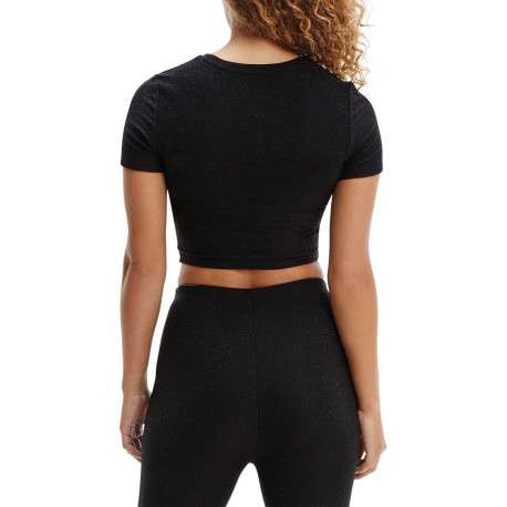 T-shirt noir pailleté coupe cropped à col rond, manches courtes et floqué à la poitrine - Image 6
