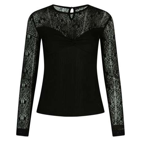 T-shirt bi-matière noir uni en coton mélangé col rond