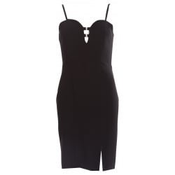 Robe courte noire unie coupe ajustée col v manches à bretelles