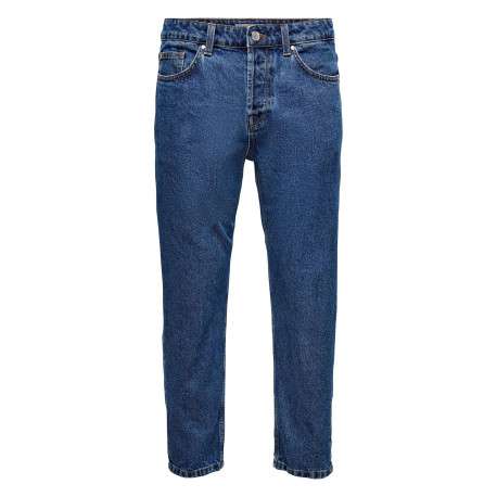 Jean bleu en coton coupe régular avec surpiqûres claires