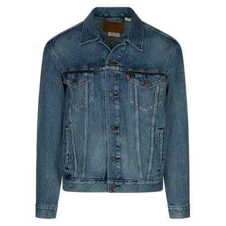 Blouson jean bleu en coton uni coupe régular col français à manches longues