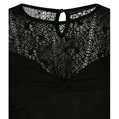 T-shirt bi-matière noir uni en coton mélangé col rond - Image 3