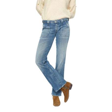 Jean bootcut travaillé en coton stretch bleu délavé à pierres turquoises et jambes évasées - Image 5