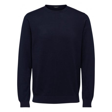 Pull col ras-du-cou en maille de coton bleu marine uni à extrémités en bord-côtes
