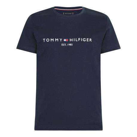 T-shirt marine en coton biologique col rond et manches courtes avec logo brodé sur la poitrine