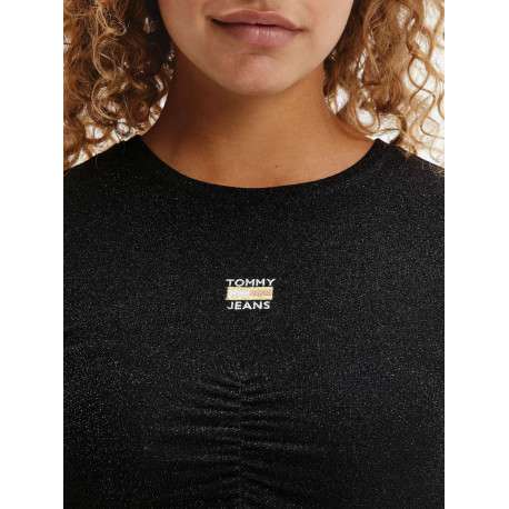 T-shirt noir pailleté coupe cropped à col rond, manches courtes et floqué à la poitrine - Image 3