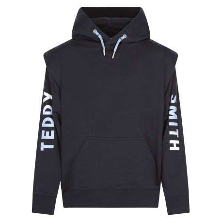 Sweat à capuche marine en coton uni coupe droite col croisé à manches longues