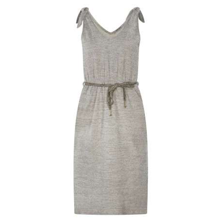 Robe mi-longue beige en coton chinée coupe cintrée à col v