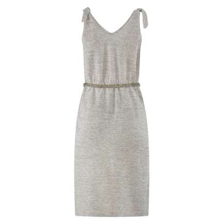 Robe mi-longue beige en coton chinée coupe cintrée à col v - Image 3