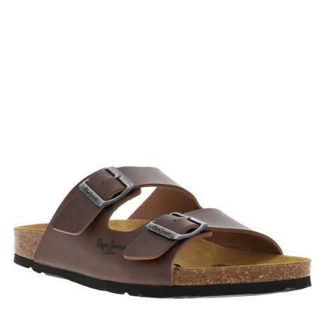 Mules marron avec talon plat à double boucle à ardillon
