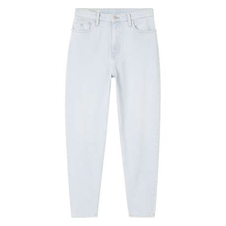 Jean mom stone en coton mélangé coupe slim avec ceinture blanche logotée