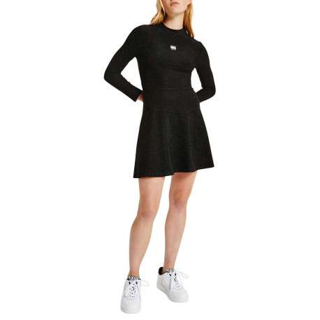 Robe patineuse noire pailleté coupe courte à col montant et manches longues - Image 3