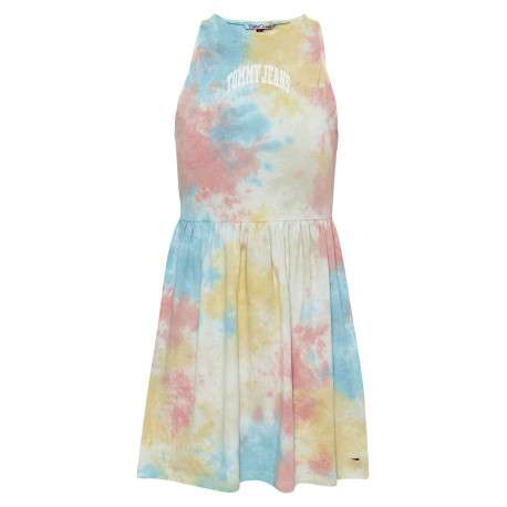 Robe courte multicolore en coton biologique col rond et sans manches coupe ample
