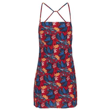Robe courte rouge fleurie à col carré avec décolleté rond dans le dos