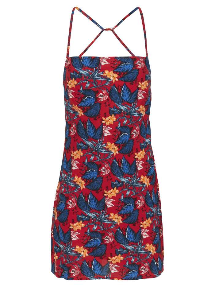 Robe courte rouge fleurie à...