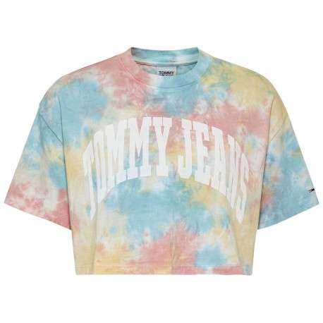 T-shirt cropped multicolore en coton biologique col rond et manches courtes coupe oversize