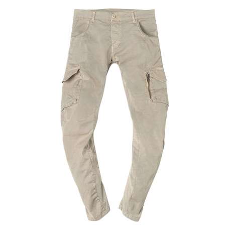 Pantalon slim style cargo en coton beige à poches latérales à soufflets façon army et zip