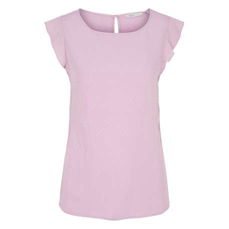 Top lilas uni coupe régular avec un col rond et des volants sur la manches