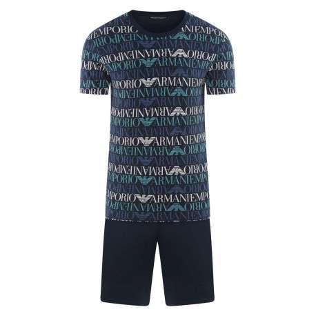 Pyjama court marine en coton avec logo all-over coupe droite col rond à manches courtes